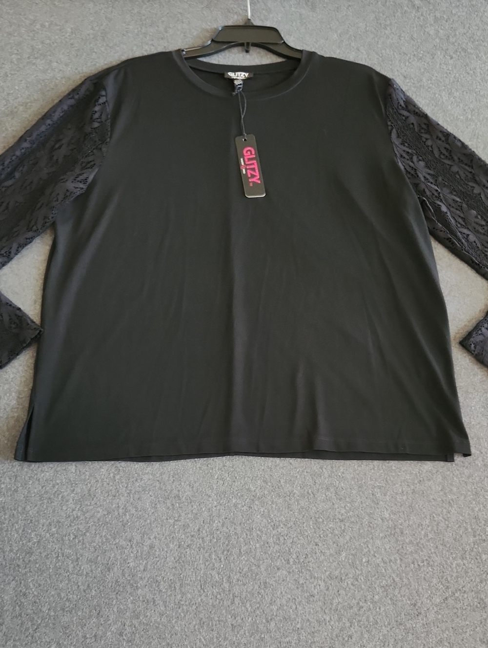 Glitzy Women's Black Long Sleeve Top Sheer Lace Sleeves Size 0X Boho Office NEW